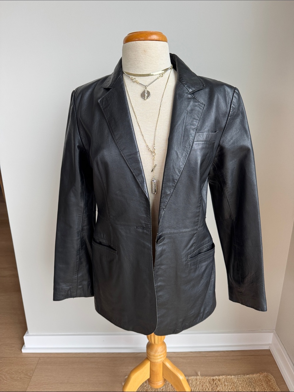 INC International Concepts 100% Genuine Leather Black Blazer Coat Y2K